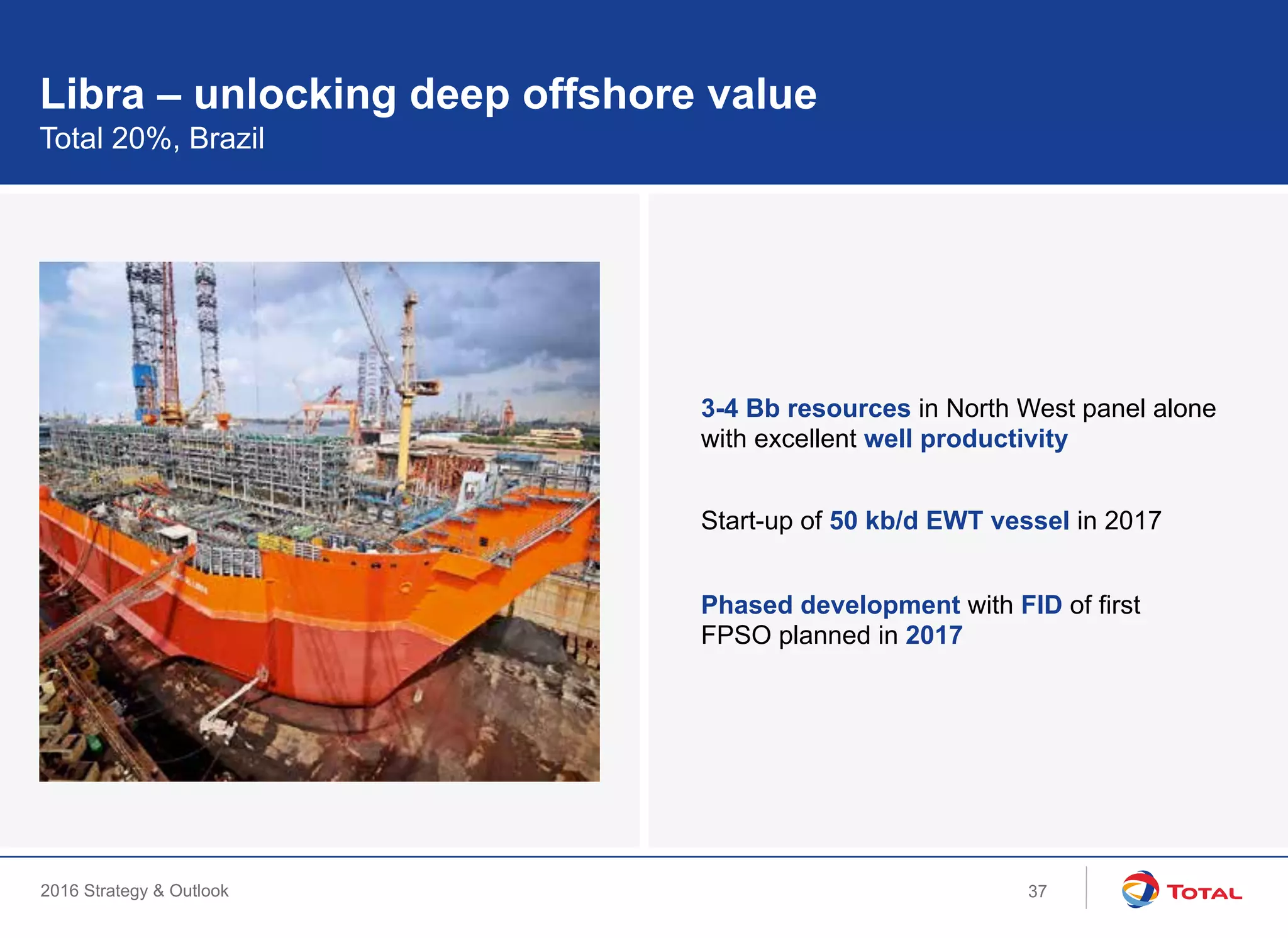 2016 Strategy & Outlook
Libra – unlocking deep offshore value
Total 20%, Brazil
3-4 Bb resources in North West panel alone
with excellent well productivity
Start-up of 50 kb/d EWT vessel in 2017
Phased development with FID of first
FPSO planned in 2017
37
 