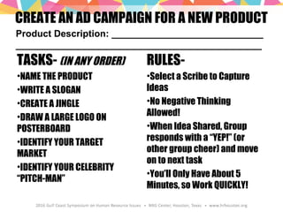 CREATE AN AD CAMPAIGN FOR A NEW PRODUCT
TASKS- (IN ANY ORDER)
•NAME THE PRODUCT
•WRITE A SLOGAN
•CREATE A JINGLE
•DRAW A LARGE LOGO ON
POSTERBOARD
•IDENTIFY YOUR TARGET
MARKET
•IDENTIFY YOUR CELEBRITY
“PITCH-MAN”
RULES-
•Select a Scribe to Capture
Ideas
•No Negative Thinking
Allowed!
•When Idea Shared, Group
responds with a “YEP!” (or
other group cheer) and move
on to next task
•You’ll Only Have About 5
Minutes, so Work QUICKLY!
Product Description: _____________________________
_______________________________________________
 