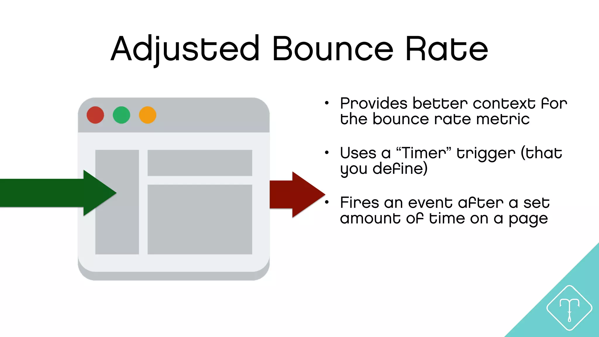 Adjusted Bounce Rate
• Provides better context for
the bounce rate metric
• Uses a “Timer” trigger (that
you deﬁne)
• Fires an event after a set
amount of time on a page
 