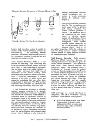 Page | 2 Copyright © 2016 Turbo-Finish Corporation
fluidized bed technology makes it possible to
machine all the features of rotating components
simultaneously. This processing attribute
promotes a uniformity of edge/surface conditions
and stresses not possible to duplicate with any
single-point-of-contact method.
Turbo Abrasive Machining (TAM) is a new
process for deburring, edge contouring and
surface conditioning complex rotating machined
parts. Many of these types of parts, because of
size and shape factors, can not be finished by a
mass media technique but need manual
intervention for final abrasive finishing. Apart
from safety and production line/time considera-
tions, a significant disadvantage of manual
deburring is its impact on quality control and
assurance procedures that have often been
computerized at great cost. The TAM process
addresses these problems by automating the
final machining and finishing production steps.
In TAM, fluidized bed technology is utilized to
suspend abrasive materials in a specially
designed chamber; part surfaces are exposed to
and interact with an abrasive fluidized bed on a
continuous basis by high-speed rotational or
oscillational motion in an entirely dry environ-
ment. This combination of abrasive envelopment
and high-speed rotational contact can produce
important functional surface conditioning effects
and deburring and radius formation very rapidly.
Because abrasive operations are performed on
all features of rotating components simultane-
ously, the part and feature uniformities achieved
are very hard to duplicate by other methods. In
addition, sophisticated computer
control technologies can be
applied to create processes
tailored for particular parts.
[Figure 1]
Although the abrasive materials
used for TAM processing are in
some ways similar to grinding
and blasting materials, the
surface condition produced is
unique. One reason for this is
the multidirectional and rolling
nature of abrasive particle
contact with part surfaces. These
surfaces are characterized by a
homogenous, finely blended
abrasive pattern developed by
the non-perpendicular nature of
abrasive attack. There is no
perceptible temperature shift in the contact area
and the finely textured random (isotropic)
abrasive pattern is a highly attractive substrate
for subsequent coating operations.
TAM Process Elements. Turbo Abrasive
Machining (TAM) technology depends on
utilizing relatively small free abrasive grains to
access intricate part shapes. Unlike blasting or
other impact metal finishing methods, the
mechanism behind TAM processes utilize a
combination of kinematic forces to produce
unique and distinctive edge and surface finishes
on complex and intricate parts which can not be
processed with other automated deburring or
finishing methods, and usually are processed
with manual deburring techniques. These two
forces act synergistically and are mutually
dependent. They consist of (1) envelopment of
the part with abrasive grain suspended in a
fluidized bed and (2) interfacing part edges and
surfaces with abrasive grain by rotational motion
of the part.
TAM technology has several advantages in
comparison with other mechanical finishing
processes. Some of these advantages are:
 A High flow of free abrasive grain allows
for penetration of abrasive media
particles into difficult to access part
areas that require edge and surface
finish improvement.
FIGURE 2 - CRITICAL AIR FLOW SPEED (VELOCITY)
V1 2V V2
 