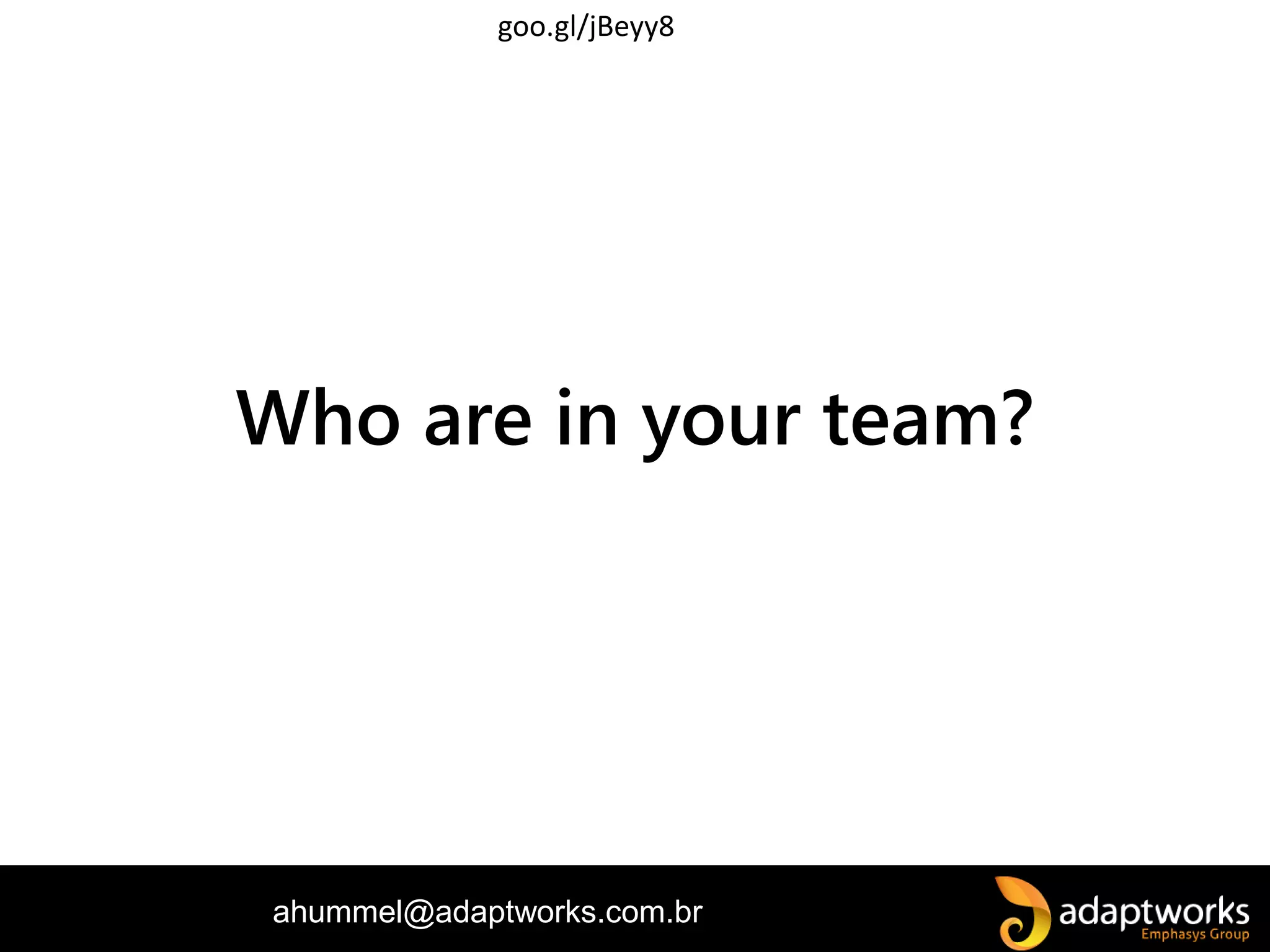 ahummel@adaptworks.com.br
Who are in your team?
goo.gl/jBeyy8
 