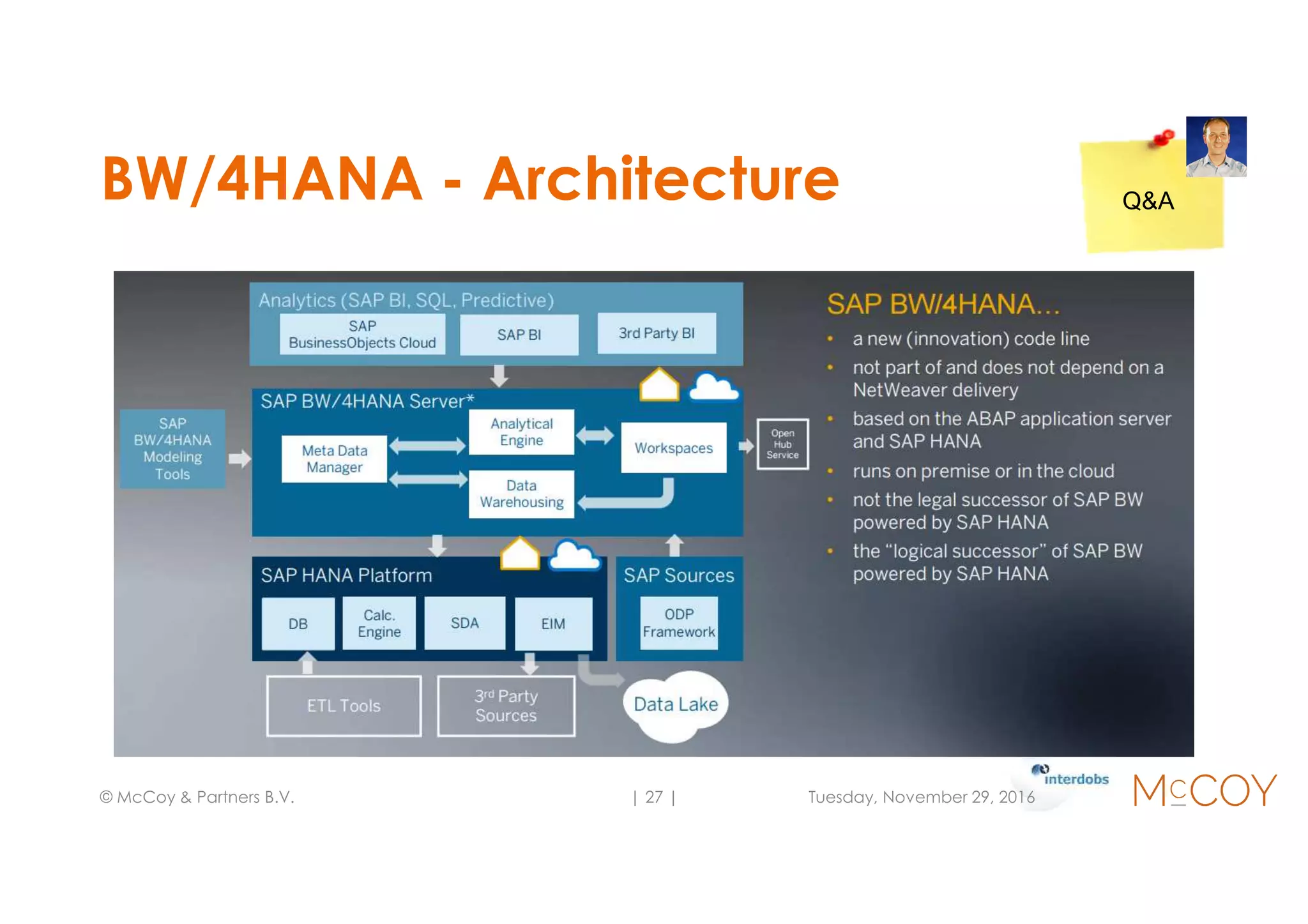 BW/4HANA - Architecture
Tuesday, November 29, 2016© McCoy & Partners B.V. | 27 |
Q&A
 