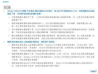 結論
• 2016上半年五大媒體(不含數位)廣告總量約180億元，較2015年同期縮減12.5%。各媒體廣告投資金
額皆下滑，反映景氣與數位媒體的衝擊。
• 平面媒體廣告量逐年下滑，一方面受到建築產業廣告量大幅萎縮影響，另一方面也因保養品類預
算整體下滑。
• 電視與廣播媒體衰退幅度幅相對較小，也分別有網路網站服務、政府機構、遊戲軟體/線上遊
戲、旅行業等產業增加投放，但兩者仍有近半品類縮減投資。
• 家外媒體廣告量整體下滑，但占比最高的交通媒體類型部分受益於監測範圍增加成為唯一成長媒
體。不過受到遊戲軟體/線上遊戲減量影響，其餘家外媒體縮減幅度甚鉅。
• 數位媒體儼然已是廣告主與消費者溝通的重要管道，廣告預算也隨之移轉、投入至數位媒體；同
時其他媒體也積極發展數位業務，但這方面的廣告投資量尚無法有結構性地全面監測統計。
• 醫藥美容類首度站上產業廣告量榜首，建築類不見起色。
• 醫藥美容類首度站上產業廣告量榜首，在2016上半年廣告市場低迷氛圍中，仍有正成長，對於
電視媒體挹注較多。其他類中，由於年初有總統與立委大選，政黨候選人在各媒體皆增量曝光吸
引選民，也有政府機構加強政策電視宣導而共同推升成長。
• 遊戲軟體廣告量雖然下滑，仍為品類別廣告量榜首，占有一定比例，促使包含此品類的電腦資訊
類異軍突起、在2016上半年初次打進產業TOP3。至於近三年同期也在產業TOP3占有一席的交通
工具類，則在各媒體全面減量。
• 建築類產業自2013年以來逐年廣告宣傳預算滑落， 2016上半年在產業廣告量佔比更首度跌破一
成，近兩年更是砍半急凍，產業投資龍頭的榮景不復見。
 