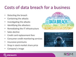 Costs	of	data	breach	for	a	business	
•  Detec:ng	the	breach	
•  Containing	the	awacks	
•  Inves:ga:ng	the	awacks	
•  Iden:...
