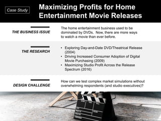 Vital Findings LLC © | 13
Maximizing Profits for Home
Entertainment Movie Releases
Case Study
THE BUSINESS ISSUE
The home entertainment business used to be
dominated by DVDs. Now, there are more ways
to watch a movie than ever before.
THE RESEARCH
DESIGN CHALLENGE
How can we test complex market simulations without
overwhelming respondents (and studio executives)?
• Exploring Day-and-Date DVD/Theatrical Release
(2004)
• Driving Increased Consumer Adoption of Digital
Movie Purchasing (2009)
• Maximizing Studio Profit Across the Release
Spectrum (2016)
Vital Findings LLC © | 13
 