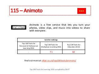 115 – Animoto
Top 200 Tools for Learning 2016 compiled by C4LPT
Find out more at c4lpt.co.uk/top100tools/animoto/
Animoto is a free service that lets you turn your
photos, video clips, and music into videos to share
with everyone.
Sub-list rankings
Top 100 Tools for
Personal & Professional
Learning 2016
Top 100 Tools for
Workplace Learning 2016
Top 100 Tools for
Education 2016
- 71 82
BACK
 
