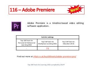 116 – Adobe Premiere
Top 200 Tools for Learning 2016 compiled by C4LPT
Find out more at c4lpt.co.uk/top100tools/adobe-premiere-pro/
Adobe Premiere is a timeline-based video editing
software application.
Sub-list rankings
Top 100 Tools for
Personal & Professional
Learning 2016
Top 100 Tools for
Workplace Learning 2016
Top 100 Tools for
Education 2016
- 72 -
 