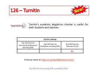 126 – Turnitin
Top 200 Tools for Learning 2016 compiled by C4LPT
Find out more at c4lpt.co.uk/top100tools/turnitin/
Turnitin’s academic plagiarism checker is useful for
both students and teachers
Sub-list rankings
Top 100 Tools for
Personal & Professional
Learning 2016
Top 100 Tools for
Workplace Learning 2016
Top 100 Tools for
Education 2016
- - 85
 