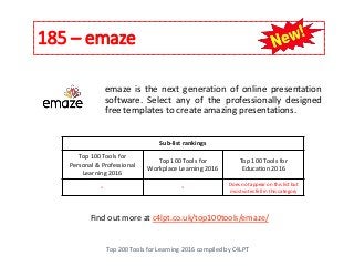 185 – emaze
Top 200 Tools for Learning 2016 compiled by C4LPT
Find out more at c4lpt.co.uk/top100tools/emaze/
emaze is the next generation of online presentation
software. Select any of the professionally designed
free templates to create amazing presentations.
Sub-list rankings
Top 100 Tools for
Personal & Professional
Learning 2016
Top 100 Tools for
Workplace Learning 2016
Top 100 Tools for
Education 2016
- - Does not appear on this list but
most votes fell in this category
 