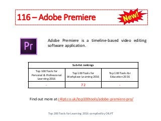 116 – Adobe Premiere
Top 200 Tools for Learning 2016 compiled by C4LPT
Find out more at c4lpt.co.uk/top100tools/adobe-prem...