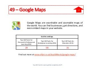 49 – Google Maps
Google Maps are searchable and zoomable maps of
the world. You can find businesses, get directions, and
e...