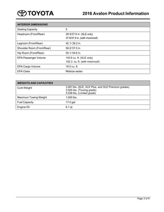 2016 Avalon Product Information
Page 3 of 8
INTERIOR DIMENSIONS
Seating Capacity 5
Headroom (Front/Rear) 38.5/37.9 in (XLE only)
37.6/37.9 in. (with moonroof)
Legroom (Front/Rear) 42.1/ 39.2 in.
Shoulder Room (Front/Rear) 58.2/ 57.0 in.
Hip Room (Front/Rear) 55.1/ 54.6 in.
EPA Passenger Volume 103.6 cu. ft. (XLE only)
102.3 cu. ft. (with moonroof)
EPA Cargo Volume 16.0 cu. ft.
EPA Class Midsize sedan
WEIGHTS AND CAPACITIES
Curb Weight 3,461 lbs. (XLE, XLE Plus, and XLE Premium grades)
3,505 lbs. (Touring grade)
3,538 lbs. (Limited grade)
Maximum Towing Weight 1,000 lbs.
Fuel Capacity 17.0 gal.
Engine Oil 6.1 qt.
 