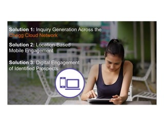 Solution 1: Inquiry Generation Across the
Chegg Cloud Network
Solution 2: Location-Based
Mobile Engagement
Solution 3: Digital Engagement
of Identified Prospects
 