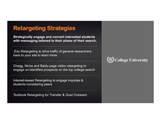Retargeting Strategies
Strategically engage and convert interested students
with messaging tailored to their phase of their search.
.Edu Retargeting to drive traffic of general researchers
back to your site to learn more
Chegg, Niche and Baidu page visitor retargeting to
engage un-identified prospects on the top college search
Interest-based Retargeting to engage inquiries &
students considering peers
Textbook Retargeting for Transfer & Grad Outreach
 