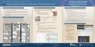 Apply ISATe to compare the relative computed crash frequency
and severity among each alternative. The effort was completed
in five primary steps:
ROSE QUARTER SAFETY ANALYSIS FOR OREGON DOT
ˆˆ Determine the difference in expected safety performance of three alternatives for a
2-mile stretch of I-5 in Portland, Oregon.
ˆˆ Efficiently apply the HSM Freeway Prediction Methodology developed in NCHRP
Project 17-45 to determine the relative performance of the three alternatives in an
accelerated time period.
ˆˆ Integrate safety performance in project decision-making using a relative comparison
among alternatives.
TRANSPORTATION RESEARCH BOARD
2016 ANNUAL MEETING
Andrew Butsick, KAI
Brian L. Ray, KAI
Presented by:
ˆˆ Observe the expected
differences in crash frequency
and severity on segments and
ramps.
ˆˆ Understand the components
of each alternative that were
contributing to relative crash
performance.
ff ISATe tool shows resulting
CMFs for various geometric
design elements.
ˆˆ Compare relative safety
performance of alternatives on
an accelerated timeline. This
approach is appropriate for a
comparative evaluation method.
ODOT developed three alternatives for a 2-mile section of I-5 through
Portland, Oregon to address merging/weaving conflicts, improve lane
continuity, and improve operational and safety performance. The difference
in relative safety performance was used as one of the factors for ODOT to
consider when selecting a preferred alternative.
ASSUMPTIONS AND EFFICIENCIESASSUMPTIONS AND EFFICIENCIES
BACKGROUNDBACKGROUND
METHODOLOGYMETHODOLOGYPROJECT OBJECTIVESPROJECT OBJECTIVES
RESULTS ALLOWED THE TEAM TO:RESULTS ALLOWED THE TEAM TO:
SPECIFIC ASSUMPTIONS AND EFFICIENCIES USED:
ff Assume shoulder rumblestrips on the freeway mainline in all alternatives.
ff Using the northbound geometry from the Single Braid Alternative for all three
alternatives to reduce computations.
ff Apply consistent design assumptions to all three alternatives for consistency.
ff Exclude all northbound ramps due to consistent geometry among
alternatives.
ff Exclude two ramps serving the southbound direction at Broadway.
ff Exclude cross-ramp terminals.
ff Exclude no-build analysis since the focus was understanding the potential
differences between potential Build alternatives.
1. Data Acquisition: Extract specific data
needed at a planning-level to distinguish
safety performance between alternatives.
2. Segmentation: Identify segments based on changes in:
ff Number of through lanes
ff Lane width
ff Shoulder width
ff Median width
ff Barriers
ff Gore points
3. Geometric Data Collection: Apply Google Earth tools to expedite data
collection of geometric features.
4. Calculations:
ff Calculate curve information from radius and length information from the
planning-level designs.
ff Compute the proportion of AADT during high-volume hours (Phv) for each
segment of each alternative using AADT hour-of-data distribution. The value
varied by segment and alternative, capturing the impact of congestion on
the predicted crash frequency and severity.
5. Data Entry: Apply the ISATe tool, using efficiencies where
possible, to expedite the process for comparing the alternatives.
Jim Bonneson, KAI
Ashleigh Griffin, KAI
Jon Makler, ODOT
Supported by:
Session 446: Case Studies on Performance-Based Analysis of Geometric Design
Assumptions or exclusions where alternatives did not differ expedited the
safety evaluation process.
 
