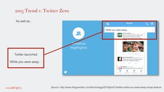 2015 Trend 1: Twitter Zero
!
As well as…!
!
!
!
!
!
!
!
!
!
!
!
!
!
!
!
!
!
!
Twitter launched !
!
‘While you were away…’!
!
Source: http://www.theguardian.com/technology/2015/jan/01/twitter-while-you-were-away-recap-feature!
!
 
