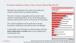 Content marketers have a lot to learn (from Buzzfeed)
Marketers are obsessed with content but oddly only
measure effectiveness by website statistics.!
!
Yet when it comes to [arguably one the world’s best
content marketer] Buzzfeed, of the 18.5b impressions it
receives every month only 2% of those are on its website. !
!
The content publishers of this world are no longer
focusing on publishing links back to their homepages. !
!
Is web trafﬁc over? Probably not. But the days of linking
every single piece of content back to your website are
coming to an end. !
!
Think on that for a while. !
http://www.stickycontent.com/blog/content-culture-in-the-uk-sticky-content-survey-results!
http://recode.net/2015/10/26/for-buzzfeed-ﬁve-billion-views-are-worth-more-than-18-billion-impressions/!
 