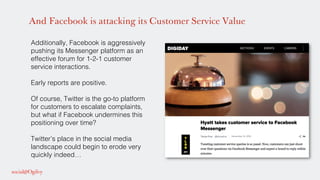 And Facebook is attacking its Customer Service Value
Additionally, Facebook is aggressively
pushing its Messenger platform as an
effective forum for 1-2-1 customer
service interactions. !
!
Early reports are positive. !
!
Of course, Twitter is the go-to platform
for customers to escalate complaints,
but what if Facebook undermines this
positioning over time?!
!
Twitter’s place in the social media
landscape could begin to erode very
quickly indeed… !
 