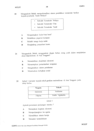 SI'LIT
20
10
Mengapakah British menperkenalkan
kepada penduduk Tanah MelaYu?
sistem pendidikan vernakular benkut
t249ll
. Sekolah Vernakular MelaYu
. Sekolah Vemakular Cina
. Sekolah Vernakular Taffxl
A
B
C
D
Mengurangkan kadar buta huruf
Melahirkan Pegawai kerajaan
Melatilr tenaga kerja mahir
Menghalang PerPadtr,an kaum
Memudatrkan eksPloitasi ekonomi
Memantapkan penrcrirfiahan tenpatan
Mengr.rkutrkan sistem pertahanan
Menekankan kebajikan sosial
2l Mengapakah British nrenggrrrlakan 1logan
beban orang pttfrr dalam nrenjalankan
dasar inperialisrne di Asia Tenggara?
A
B
C
D
,,, Jadual 1 merqiuk kepada tokoh gerakan nasionalisnp di Asb Tenggara pada
tahap kedtla.
Negara Tokoh
Indonesia Soekamo
Filpina Emilio Aguinaldo
Jadual 1
Apakah persamaan perjuangan rnereka ?
A Memajukan kegiatan ekonomi
B MenPerjuangkan isu agafi:e'
C Memulihkan sistem beraja
D Menrurtr.il kemerdekaan
l249ll @2016 Hak cipta Batragiar Pendidikan Meneng& MARA
SIILTT
 