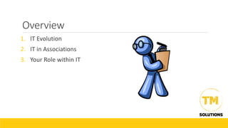 Overview
1. IT Evolution
2. IT in Associations
3. Your Role within IT
 