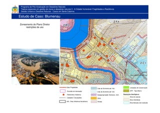 Programa de Pós-Graduação em Desastres Naturais
Tópicos especiais em gestão de riscos e desastres naturais II - A Cidade Vulnerável: Fragilidades e Resiliência
Gestão Urbana e Desatres Naturais - Casos em Santa Catarina
Estudo de Caso: Blumenau
Zoneamento do Plano Diretor
restrições de uso
 