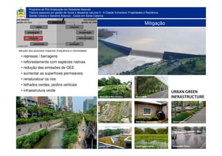 Programa de Pós-Graduação em Desastres Naturais
Tópicos especiais em gestão de riscos e desastres naturais II - A Cidade Vulnerável: Fragilidades e Resiliência
Gestão Urbana e Desatres Naturais - Casos em Santa Catarina
Mitigação
• represas / barragens
• reflorestamento com espécies nativas
• redução das emissões de GEE
• aumentar as superfícies permeáveis
• renaturalizar os rios
• telhados verdes, jardins verticais
• infraestrutura verde
redução dos possíveis impactos (frequência e intensidade)
 