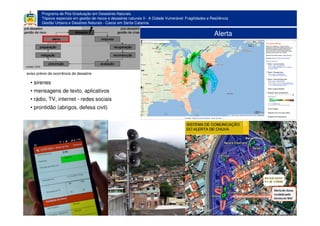 Programa de Pós-Graduação em Desastres Naturais
Tópicos especiais em gestão de riscos e desastres naturais II - A Cidade Vulnerável: Fragilidades e Resiliência
Gestão Urbana e Desatres Naturais - Casos em Santa Catarina
Alerta
• sirenes
• mensagens de texto, aplicativos
• rádio, TV, internet - redes sociais
• prontidão (abrigos, defesa civil)
aviso prévio da ocorrência do desastre
 