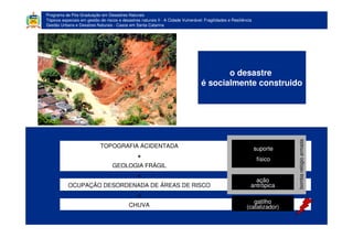 Programa de Pós-Graduação em Desastres Naturais
Tópicos especiais em gestão de riscos e desastres naturais II - A Cidade Vulnerável: Fragilidades e Resiliência
Gestão Urbana e Desatres Naturais - Casos em Santa Catarina
TOPOGRAFIA ACIDENTADA
+
GEOLOGIA FRÁGIL
+
OCUPAÇÃO DESORDENADA DE ÁREAS DE RISCO
+
CHUVA
suporte
físico
ação
antrópica
bombarelógioarmada
gatilho
(catalizador)
o desastre
é socialmente construido
 