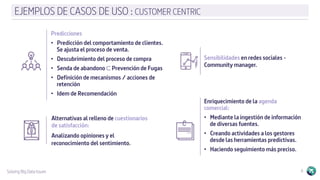 Solving Big Data Issues 6
EJEMPLOS DE CASOS DE USO : CUSTOMER CENTRIC
Sensibilidades en redes sociales -
Community manager.
Predicciones
•  Predicción del comportamiento de clientes.
Se ajusta el proceso de venta.
•  Descubrimiento del proceso de compra
•  Senda de abandono ⊂ Prevención de Fugas
•  Definición de mecanismos / acciones de
retención
•  Idem de Recomendación
Alternativas al relleno de cuestionarios
de satisfacción:
Analizando opiniones y el
reconocimiento del sentimiento.
Enriquecimiento de la agenda
comercial:
•  Mediante la ingestión de información
de diversas fuentes.
•  Creando actividades a los gestores
desde las herramientas predictivas.
•  Haciendo seguimiento más preciso.
 