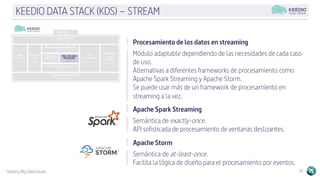 Solving Big Data Issues 16
KEEDIO DATA STACK (KDS) – STREAM
Procesamiento de los datos en streaming
Módulo adaptable dependiendo de las necesidades de cada caso
de uso.
Alternativas a diferentes frameworks de procesamiento como
Apache Spark Streaming y Apache Storm.
Se puede usar más de un framework de procesamiento en
streaming a la vez.
Apache Spark Streaming
Semántica de exactly-once.
API sofisticada de procesamiento de ventanas deslizantes.
Apache Storm
Semántica de at-least-once.
Facilita la lógica de diseño para el procesamiento por eventos.
 