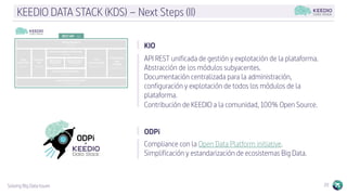 Solving Big Data Issues 20
KEEDIO DATA STACK (KDS) – Next Steps (II)
KIO
API REST unificada de gestión y explotación de la plataforma.
Abstracción de los módulos subyacentes.
Documentación centralizada para la administración,
configuración y explotación de todos los módulos de la
plataforma.
Contribución de KEEDIO a la comunidad, 100% Open Source.
ODPi
Compliance con la Open Data Platform initiative.
Simplificación y estandarización de ecosistemas Big Data.
 