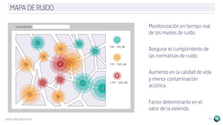 Solving Big Data Issues 11
MAPA DE RUIDO
Monitorización en tiempo real
de los niveles de ruido.
Asegurar el cumplimiento de
las normativas de ruido.
Aumento en la calidad de vida
y menor contaminación
acústica.
Factor determinante en el
valor de la vivienda.
 
