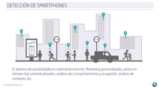 Solving Big Data Issues 7
DETECCIÓN DE SMARTPHONES
El abanico de posibilidades es realmente enorme: Marketing personalizado, avisos en
tiempo real contextualizados, análisis del comportamiento y ocupación, análisis de
contexto, etc.
 