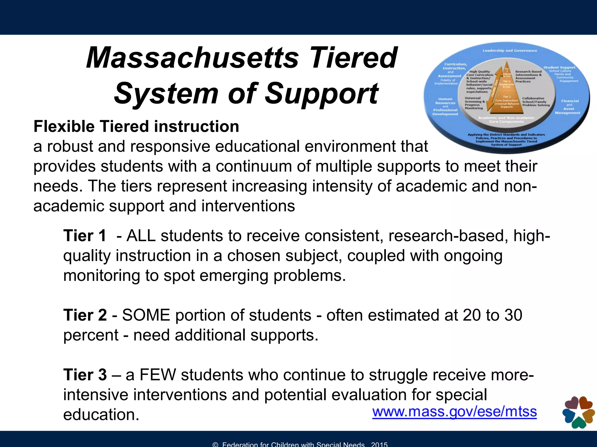 Massachusetts Tiered
System of Support
Flexible Tiered instruction
a robust and responsive educational environment that
provides students with a continuum of multiple supports to meet their
needs. The tiers represent increasing intensity of academic and non-
academic support and interventions
Tier 1 - ALL students to receive consistent, research-based, high-
quality instruction in a chosen subject, coupled with ongoing
monitoring to spot emerging problems.
Tier 2 - SOME portion of students - often estimated at 20 to 30
percent - need additional supports.
Tier 3 – a FEW students who continue to struggle receive more-
intensive interventions and potential evaluation for special
education.
 
