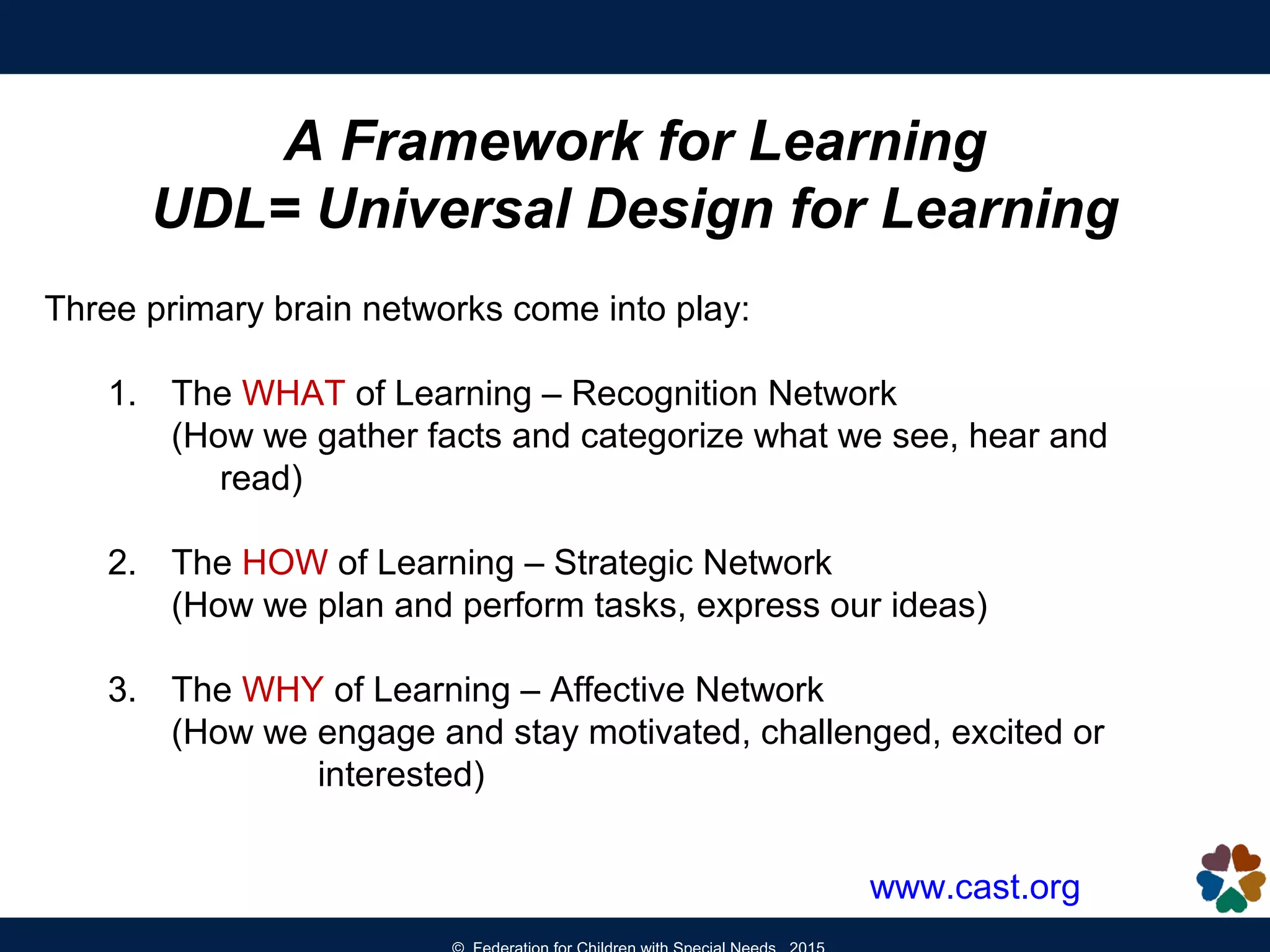 A Framework for Learning
UDL= Universal Design for Learning
Three primary brain networks come into play:
1. The WHAT of Learning – Recognition Network
(How we gather facts and categorize what we see, hear and
read)
2. The HOW of Learning – Strategic Network
(How we plan and perform tasks, express our ideas)
3. The WHY of Learning – Affective Network
(How we engage and stay motivated, challenged, excited or
interested)
www.cast.org
 