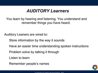 AUDITORY Learners
You learn by hearing and listening. You understand and
remember things you have heard.
Auditory Leaners ...