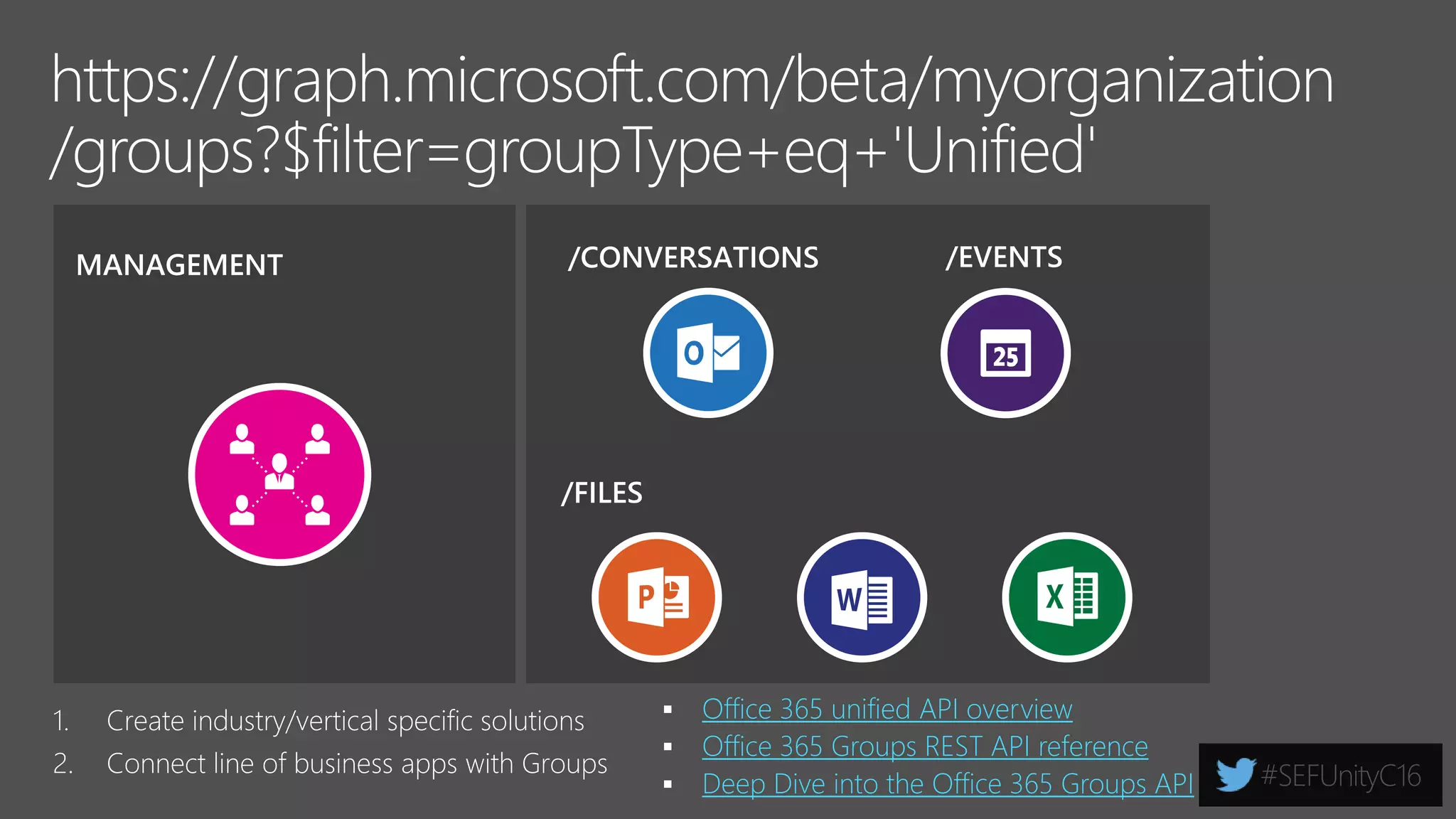 Extensibility
https://graph.microsoft.com/v1.0/groups
https://graph.microsoft.com/beta/groups
https://graph.microsoft.com/
USERS FILES MAIL CALENDARGROUPS
Insights and relationships from Office Graph
TASKS
https://graph.Microsoft.io
 