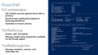 PowerShell: Unified Group Links
Get Group Members
Get-UnifiedGroupLinks –Identity SalesTeam –LinkType Members
Add Member/Owner
Add-UnifiedGroupLinks –Identity SalesTeam –Links my@email.pt –LinkType Members
Add-UnifiedGroupLinks –Identity SalesTeam –Links my@email.pt –LinkType Owners
Remove Group Member
Remove-UnifiedGroupLinks SalesTeam –LinkType Members –Links my@email.pt
Remove Group Owner
Remove-UnifiedGroupLinks SalesTeam –LinkType Owners –Links my@email.pt
Remove-UnifiedGroupLinks SalesTeam –LinkType Members –Links my@email.pt
 