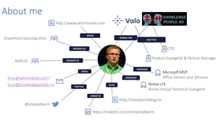About me
BLOG
LINKED IN
TWITTER
EMAIL
MEMBER OF
MEMBER OF
WORKS FOR
JOB TITLE
Microsoft MVP
Office Servers and Services
Product Evangelist & Partner Manager
https://linkedin.com/in/shareptkarm
knut@valointranet.com /
knut@knowledgepeople.no
http://www.valointranet.com
@shareptkarm
NIWUG
AWARDED
AWARDED
Nintex vTE
Nintex Virtual Technical Evangelist
SharePoint Saturday Oslo
http://sharepointblog.no
WWW
CTO
 