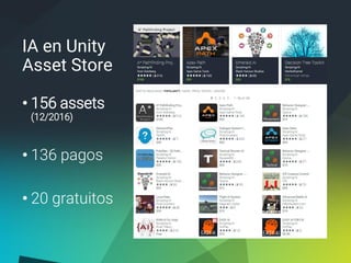 IA en Unity
Asset Store
• 156 assets
(12/2016)
• 136 pagos
• 20 gratuitos
 