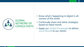 • Know what’s happening in digital in all
corners of the world
• Continually share and refine strategies
based on latest trends
• Apply our Global Knowledge to deliver
Local Results to our clients
GLOBAL
NETWORK OF
CONSULTANTS
 