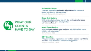 WHAT OUR
CLIENTS
HAVE TO SAY
Sunsweet Europe
"They are creative and endlessly resourceful both in terms of
design and ideas for online activities.”
Amanda Bishop, Marketing Director
Elreg Distributors
"WSI continually tweaks our site...It's like having another sales
agent working for you - actually better.”
Joe Zundl, President
Mardi Gras Gaming
"WSI has integrated our core business and offline efforts into an
effective online campaign.”
Cathy Reside, COO
CBT Coaches
"They exceeded our expectations and we have created a profitable
business using WSI as our online marketing partner.”
Jacques Erasmus, Owner
 