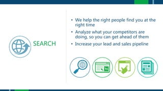 • We help the right people find you at the
right time
• Analyze what your competitors are
doing, so you can get ahead of them
• Increase your lead and sales pipelineSEARCH
 