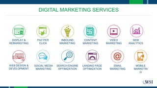 DIGITAL MARKETING SERVICES
DISPLAY &
REMARKETING
CONTENT
MARKETING
WEB
ANALYTICS
WEB DESIGN &
DEVELOPMENT
PAY PER
CLICK
VIDEO
MARKETING
SOCIAL MEDIA
MARKETING
SEARCH ENGINE
OPTIMIZATION
EMAIL
MARKETING
MOBILE
MARKETIN
G
LANDING PAGE
OPTIMIZATION
INBOUND
MARKETING
 
