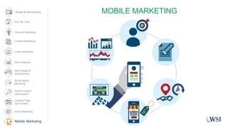 MOBILE MARKETING
Mobile Marketing
Display & Remarketing
Content Marketing
Video Marketing
Web Analytics
Web Design &
Development
Social Media
Marketing
Search Engine
Optimization
Landing Page
Optimization
Email Marketing
Pay Per Click
Inbound Marketing
 