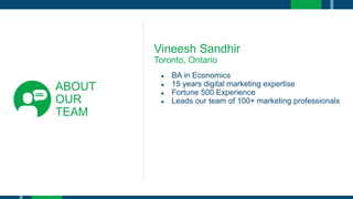 ABOUT
OUR
TEAM
Vineesh Sandhir
Toronto, Ontario
● BA in Economics
● 15 years digital marketing expertise
● Fortune 500 Experience
● Leads our team of 100+ marketing professionals
 