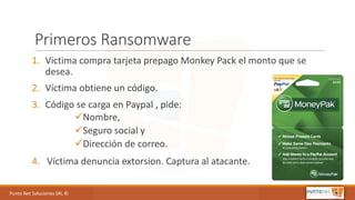 Punto	Net	Soluciones	SRL	©
Primeros	Ransomware
1. Victima	compra	tarjeta	prepago	Monkey Pack	el	monto	que	se	
desea.
2. Víctima obtiene	un	código.
3. Código se	carga	en	Paypal ,	pide:	
üNombre,
üSeguro	social	y
üDirección	de	correo.
4. Víctima	denuncia	extorsion.	Captura	al	atacante.
 