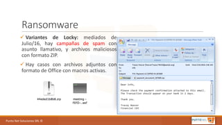 Punto	Net	Soluciones	SRL	©
Ransomware
ü Variantes de Locky: mediados de
Julio/16, hay campañas de spam con
asunto llamativo, y archivos maliciosos
con formato ZIP.
ü Hay casos con archivos adjuntos con
formato de Office con macros activas.
 