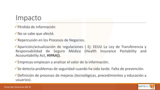 Punto	Net	Soluciones	SRL	©
Impacto
üPérdida	de	información
üNo	se	sabe	que	afectó.
üRepercusión	en	los	Procesos	de	Negocios.
üAparición/actualización de regulaciones ( Ej: EEUU La Ley de Transferencia y
Responsabilidad de Seguro Médico (Health Insurance Portability and
Accountability Act, HIPAA)).
üEmpresas empiezan a analizar el valor de la información.
üSe detecta problemas de seguridad cuando ha sido tarde. Falta de prevención.
üDefinición de procesos de mejoras (tecnológicas, procedimientos y educación a
usuarios).
 