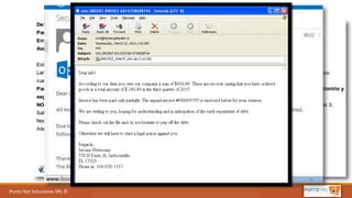 Punto	Net	Soluciones	SRL	©
Phishing
Técnica utilizada por los delincuentes para obtener
información confidencial como nombres de usuario,
contraseñas y detalles de tarjetas de crédito
haciéndose pasar por una comunicación confiable y
legítima.
phishing proviene de la palabra inglesa "fishing"
(pesca), haciendo alusión al intento de hacer que los
usuarios "muerdan el anzuelo"
 